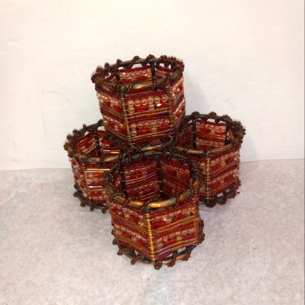 4 Vintage Napkin Rings Beaded on Copper Ruby Garnet and Clear